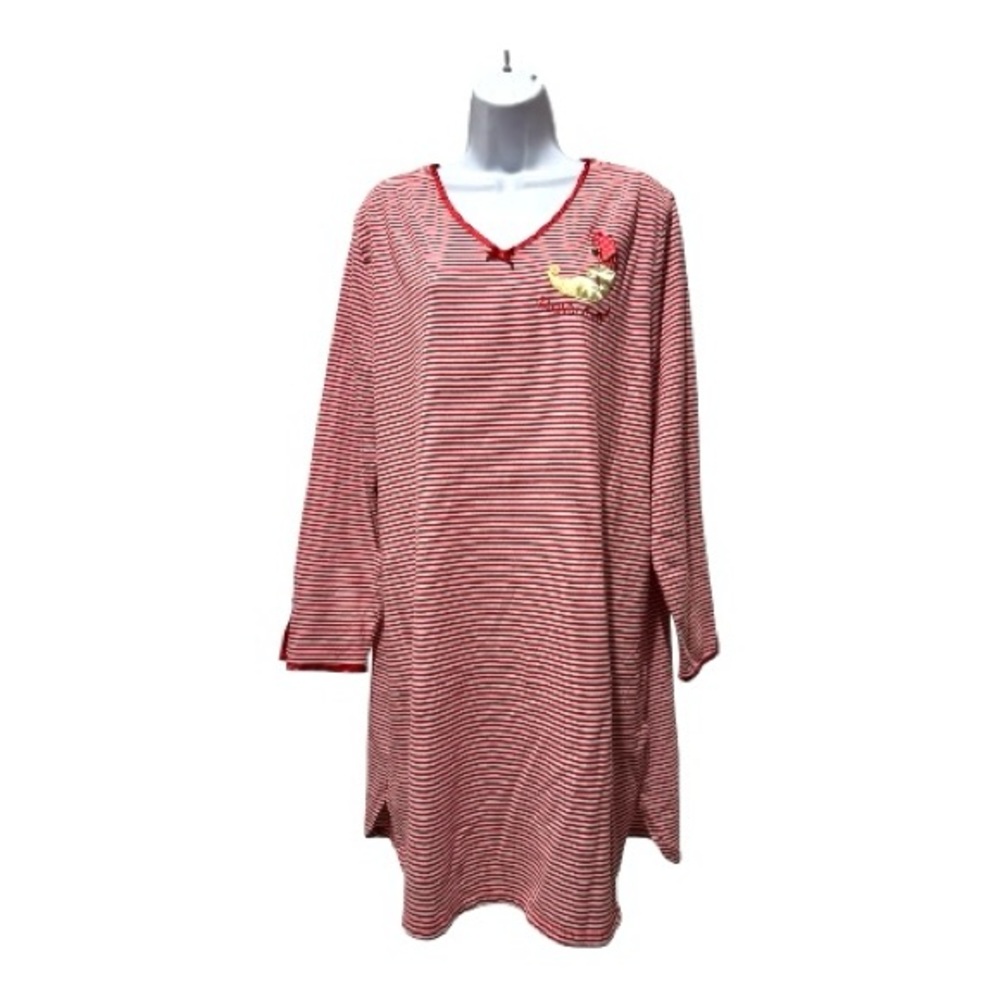 Secret Treasures Red White Striped Nightgown Long Sleeve Embroidered  L/XL